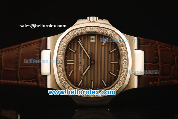 Patek Philippe Nautilus Swiss ETA 2824 Automatic Steel Case with Diamond Bezel and Brown Dial/Leather Strap-1:1 Original - Click Image to Close